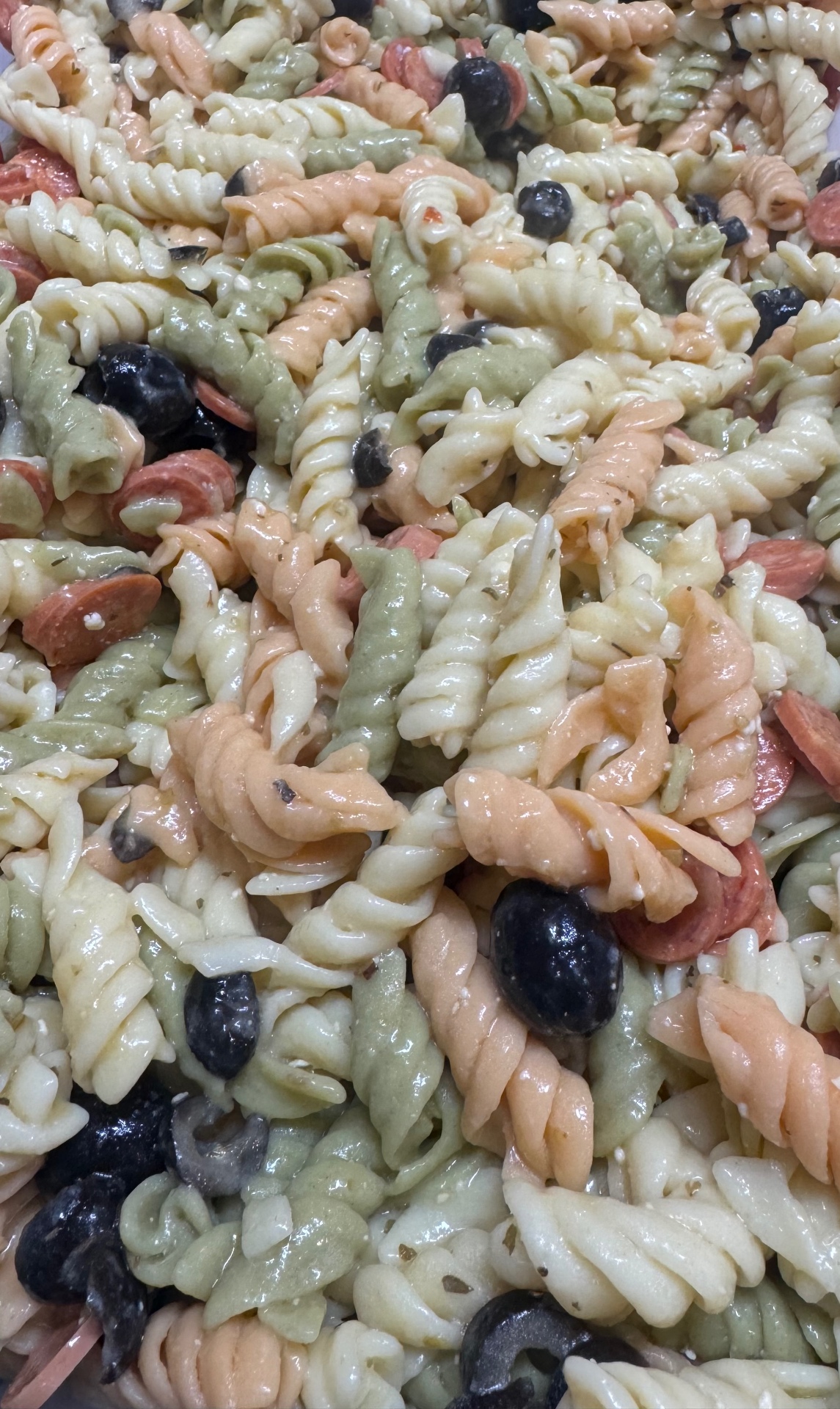 Tri-color pasta salad with olives and pepperoni